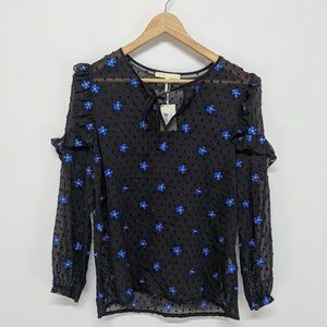 Maje Black Sheer Top with Embroidered Blue Flowers